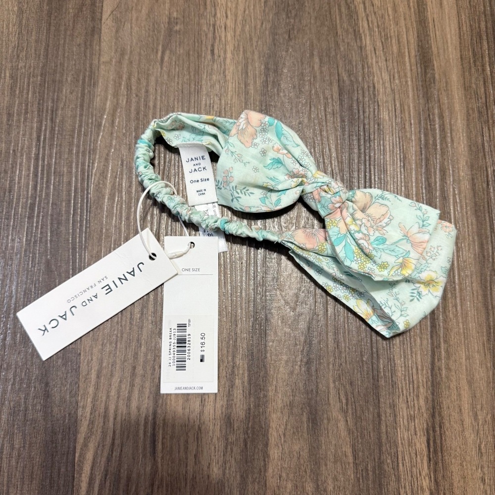 Janie and Jack Headband Kids One‎ Size Mint Green Floral Knotted Bow Elastic NWT